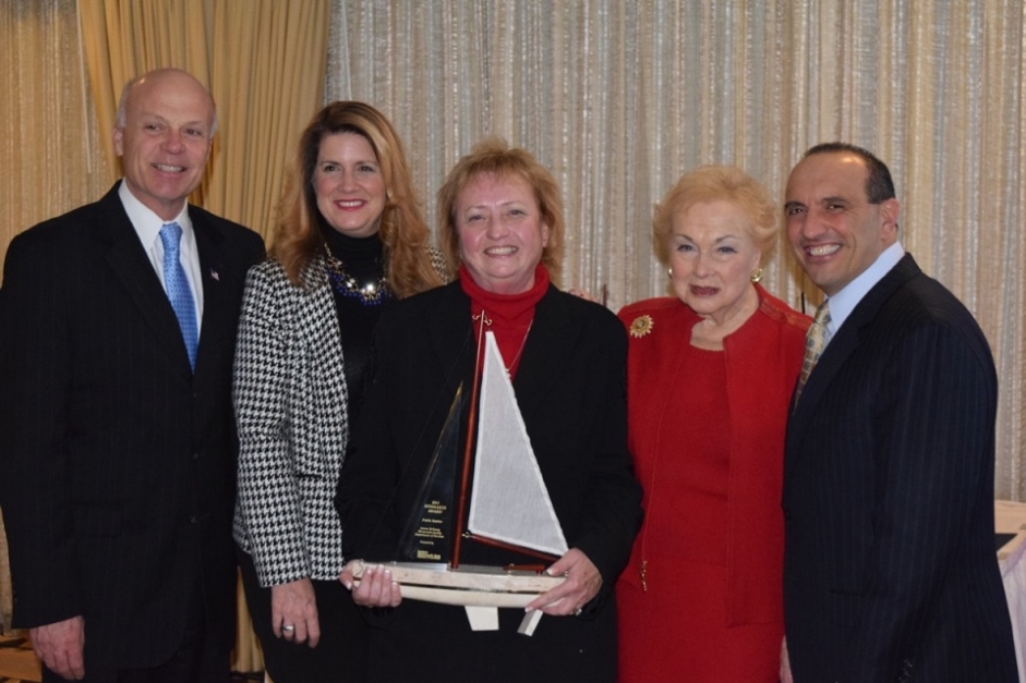 The Monmouth County Board of Chosen Freeholders congratulate Jeanne DeYoung, director of Monmouth County tourism, for being honored with a Spinnaker Award for Public Service by the Eastern Monmouth Area Chamber of Commerce on Jan. 22 in West Long Branch, NJ. Pictured left to right: Freeholder Director Gary J. Rich, Sr., Freeholder Deputy Director Serena DiMaso, Jeanne DeYoung, Freeholder Lillian G. Burry and Freeholder Thomas A. Arnone.